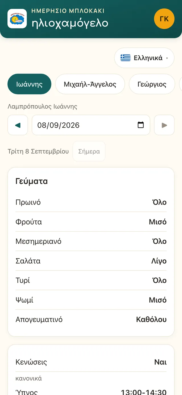 Το portal γονέων στα ελληνικά: τα γεύματα και ο ύπνος της ημέρας